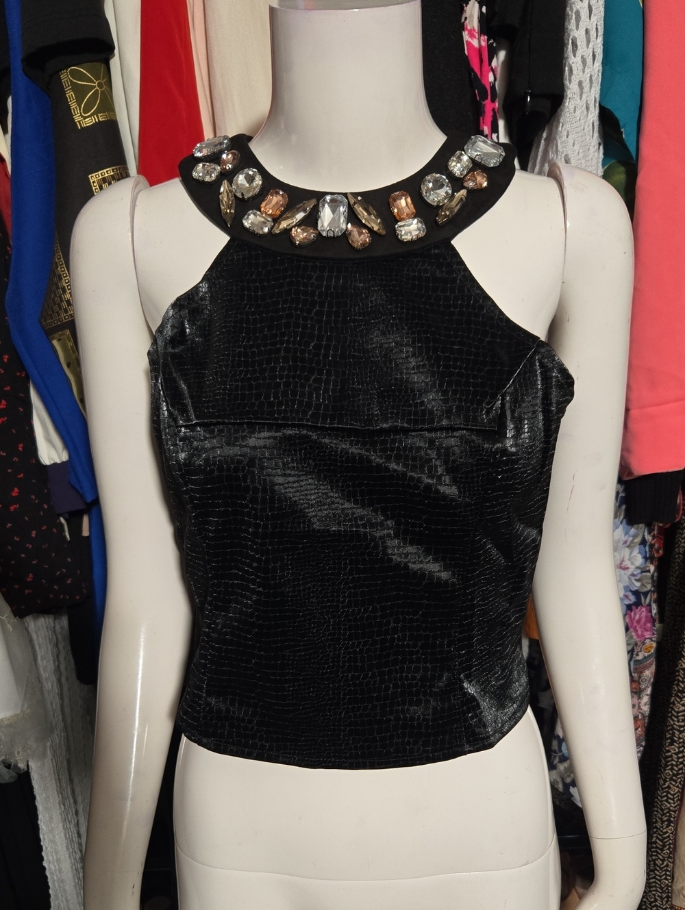 Black Jeweled Velvet Cropped Halter Top